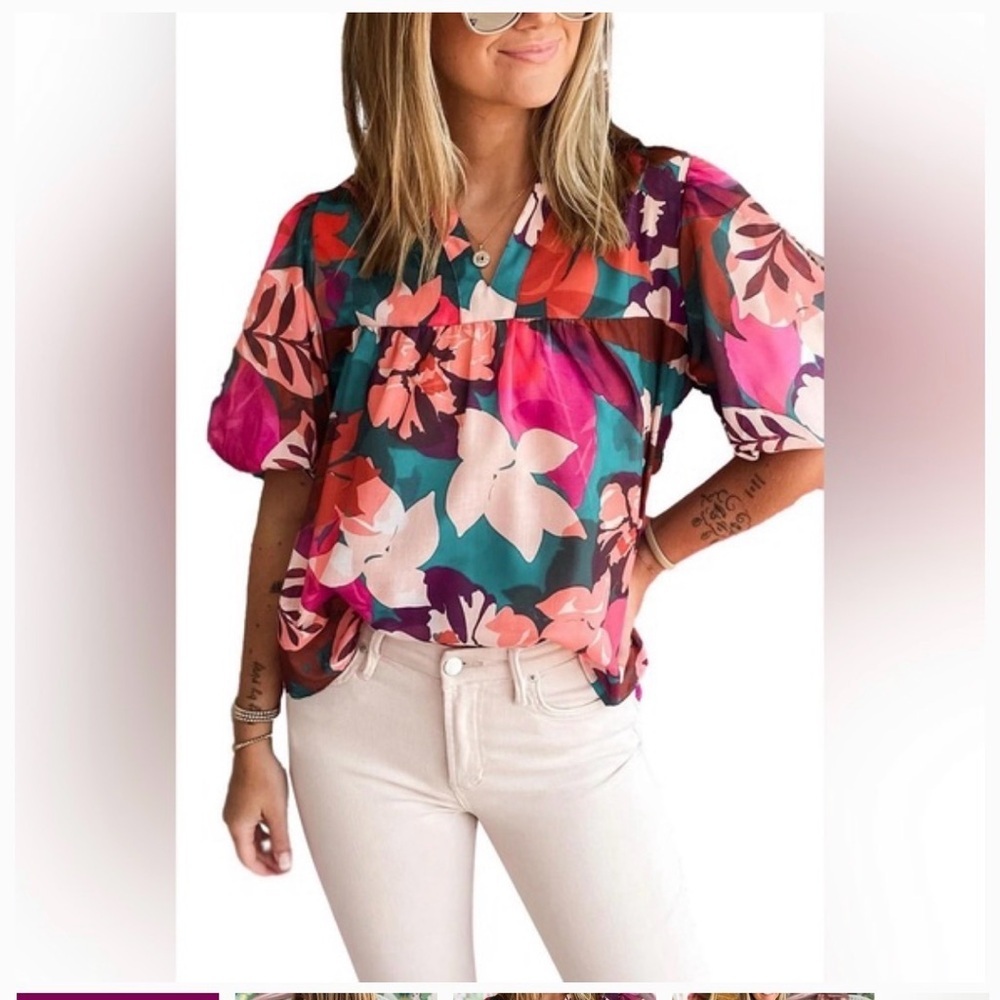 THML Multicolor Floral V-Neck Puff Sleeve Blouse